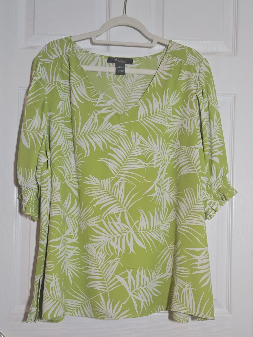 Olivia & Martin Lime Green Palm-Print V-Neck Blouse Size 2X
